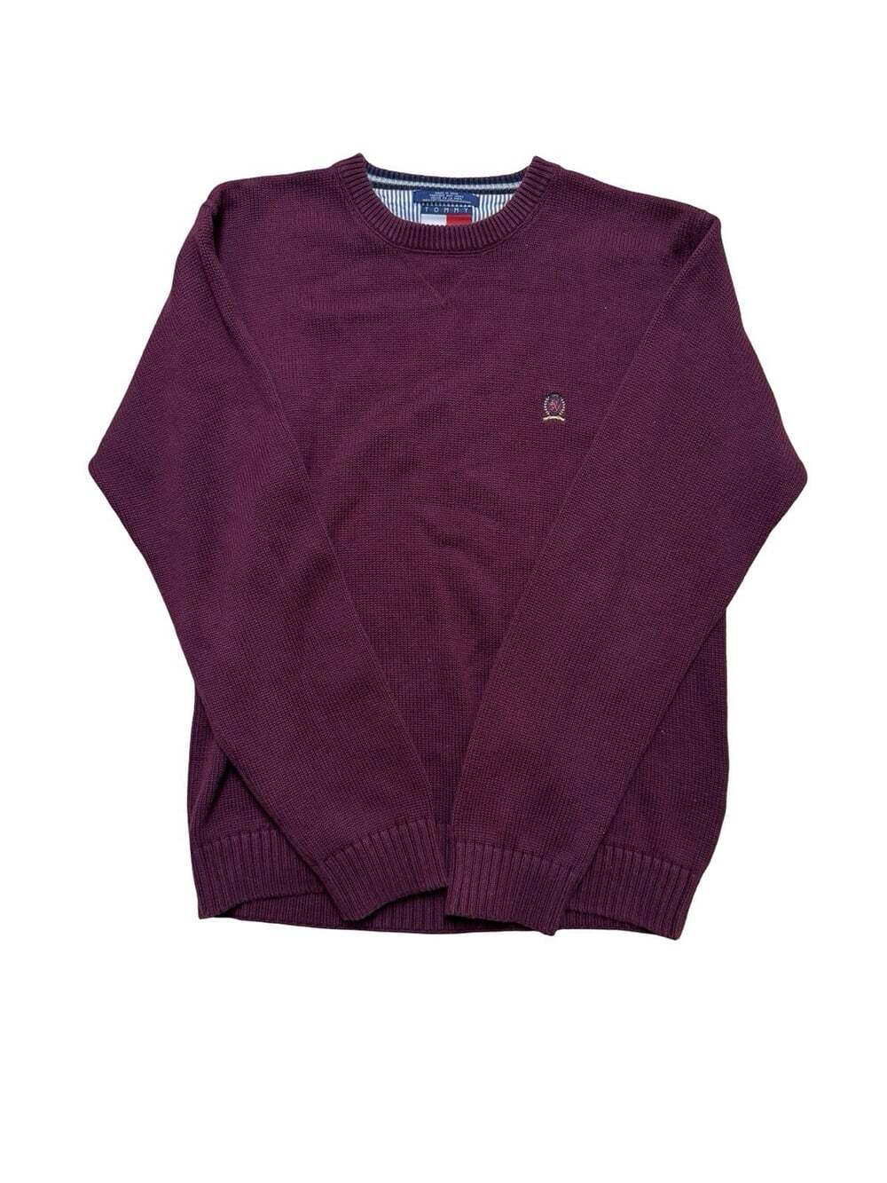 Tommy Hilfiger Men’s Knit Cotton Crewneck Pullover Sweater Burgundy Solid Logo